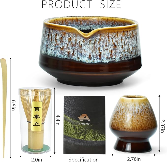 Artcome Matcha Tool Set - Complete Kit with Matcha Bowl with Spout, Bamboo Whisk, Tea Scoop & Whisk Holder, Golden Glaz