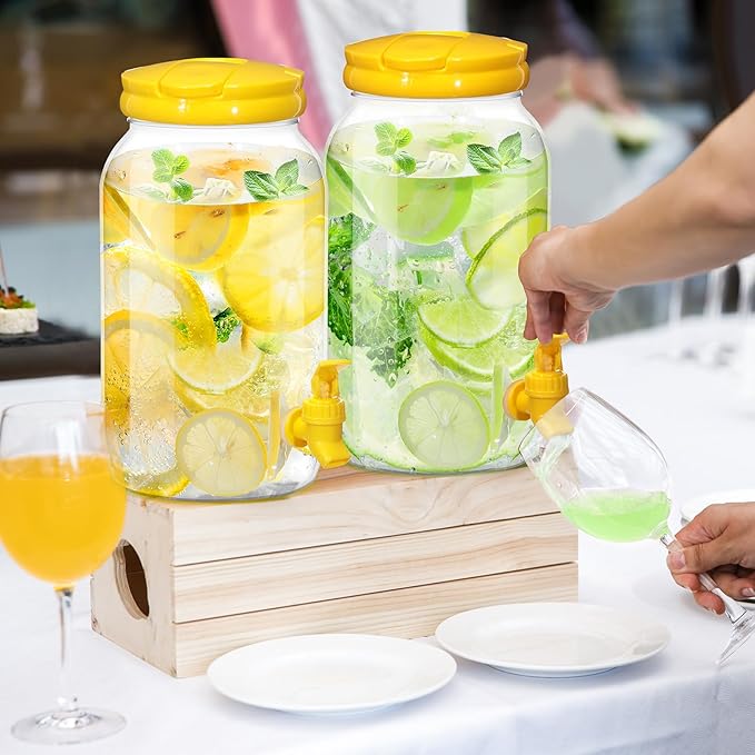 Havawish 2 Pcs 1 Gallon Plastic Beverage Dispenser with Spigot Clear Summer Kitchen Fridge Drink Dispenser for Parties Lemonade Juice Tea Beer Cold Water(Yellow,Cylinder)