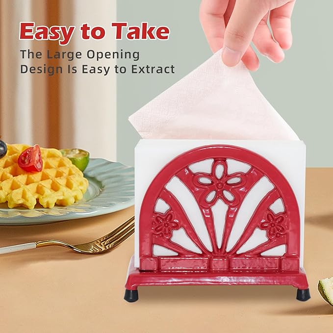 Napkin Holder for Table, Vintage Cast Iron Paper Napkins Tissue Dispenser with Daffodil Pattern for Kitchen Dining Room Countertop Decor, Red
