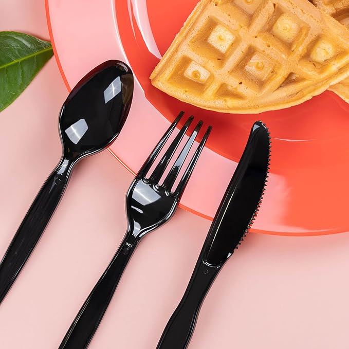 POSATE Heavyweight Plastic Spoons, Black, Pack of 100, Disposable Utensils for Party Supply