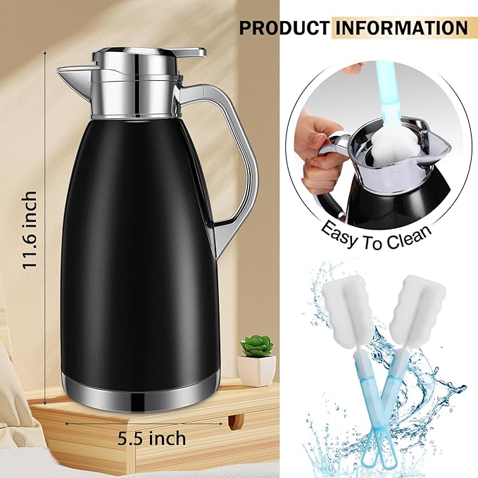 Tioncy 2 Pcs Thermal Coffee 78oz Insulated Carafe Hot Water Dispenser Stainless Steel Carafe for Hot Liquid Coffee Tea Milk with 2 Brushes Keep 12 Hours Hot 24 Hours Cold(Black)
