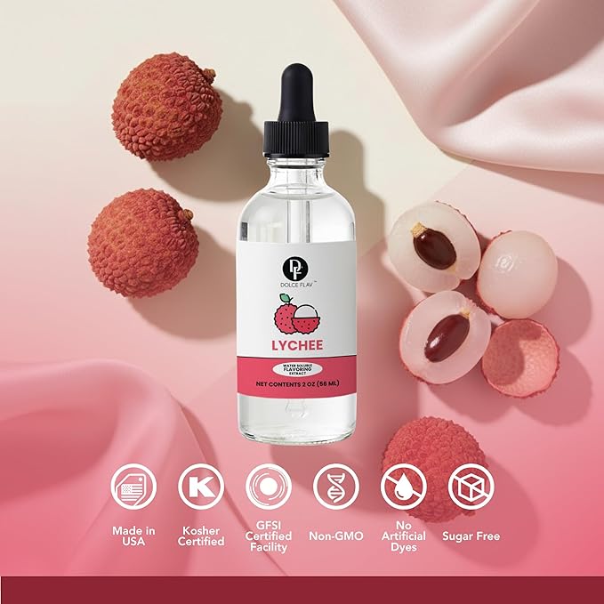 Dolce Flav Natural Lychee Extract – 2 Ounce Water-Soluble Kosher, Sugar-Free, Concentrated Exotic Lychee Flavoring for Beverages, Desserts & Baking, Includes Measured Dropper