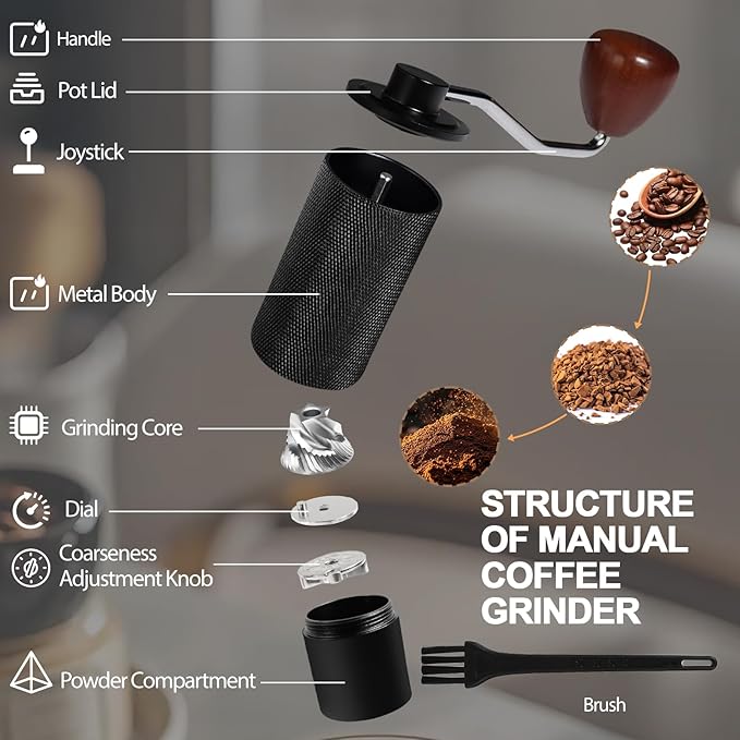 Non-Detachable Manual Coffee Grinder with 25 Level Stainless Steel Conical Burr Portable Aluminum Coffee Bean Grinder Suitable for Moka Pot Espresso French Press Pour Over Easy Cleaning with Brush