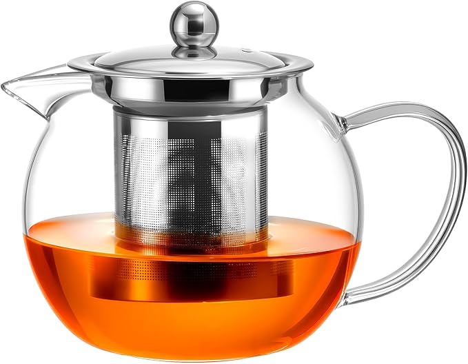 Glass Teapot Stovetop 22 OZ/650ml, Tea pot with Removable 18/8 Stainless Steel Infuser, Borosilicate Clear Tea Kettle, Teapot Blooming and Loose Leaf Tea Maker Tea Brewer for Camping, Travel