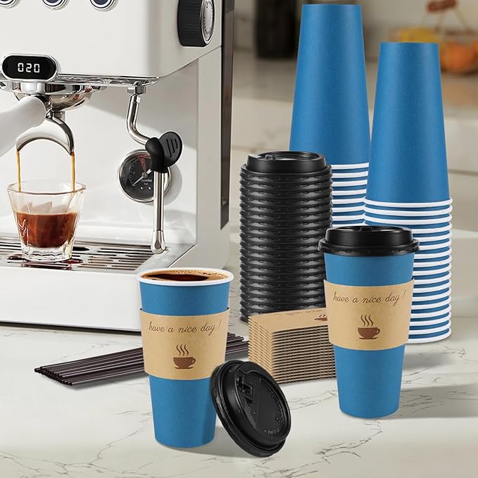50 Pack 20 oz Coffee Cups with Lids, Disposable To Go Paper Coffee Cups with Sleeves and Stirring Sticks for Hot/Cold Drinks Office Home Shop Event (Navy)