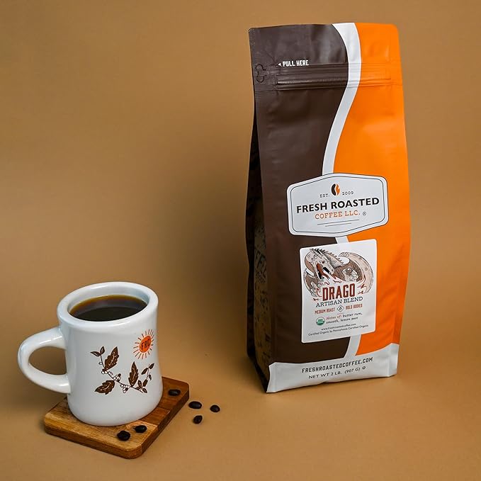 Fresh Roasted Coffee, Organic Drago Café Blend | USDA Organic, Kosher | Medium Roast 2 lb (32 oz) Ground