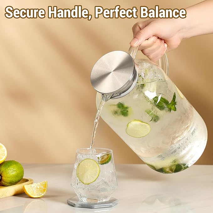 1 Gallon thickened Glass Pitcher with Lid and Spout, Borosilicate Glass Carafe for Hot/Cold Drink, Water Pitchers for Fridge, Extra Large Jug with Handle for Iced Tea, Coffee,Juice,Homemade Beverage