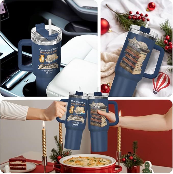 34HD Cat Coffee Tumbler with Handle & Straw, 40 oz Stainless Steel Vacuum Insulated Cat Book Travel Mug, Birthday Christmas Mothers Day Gifts for Pet Lovers Women Mom Librarian Her