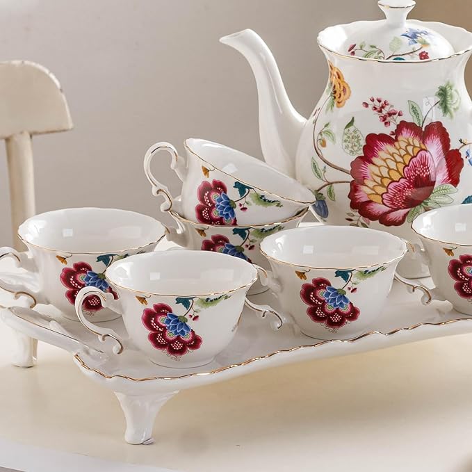 Jomop Ceramic Tea Cups Coffee Cup and Saucers Set of 4 (Blue and Red)