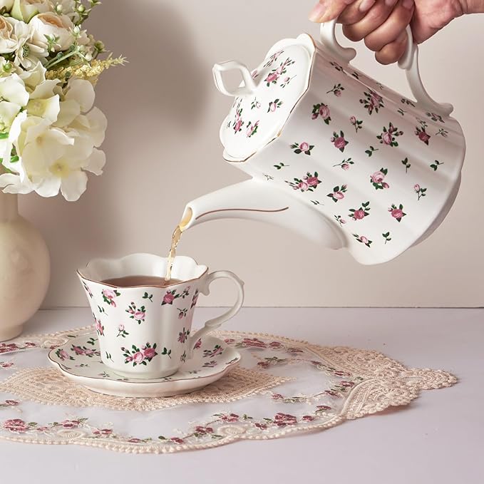Vintage Floral Tea pot with Infuser, 33oz, Ceramic Teapot with Tea Strainers for Loose Leaf Tea, Rose Teapots for Tea Party