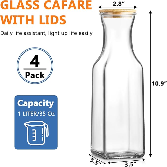 Set of 4 Square Glass Carafe, 1 Liter Beverage Serveware Carafe with Bamboo Lid, Water Bottles, Clear Glass Pitchers for Mimosa Bar, Milk, Juice, Lemonade(4 Bottles)
