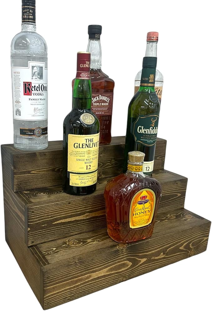 Handmade Tiered Display Shelving - Three Tier Bar Display - Bar Organizer - Liquor Bottle Display (18" without Back, Dark Walnut)