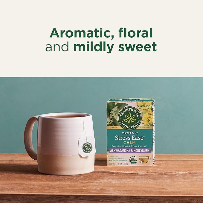 Traditional Medicinals Organic, Stress Ease Calm with Adaptogens, Ashwagandha & Honeybush - Promotes Relaxation - Kosher, Non-GMO, Caffeine-Free, Compostable - 96 Tea Bags (6 Packs of 16)