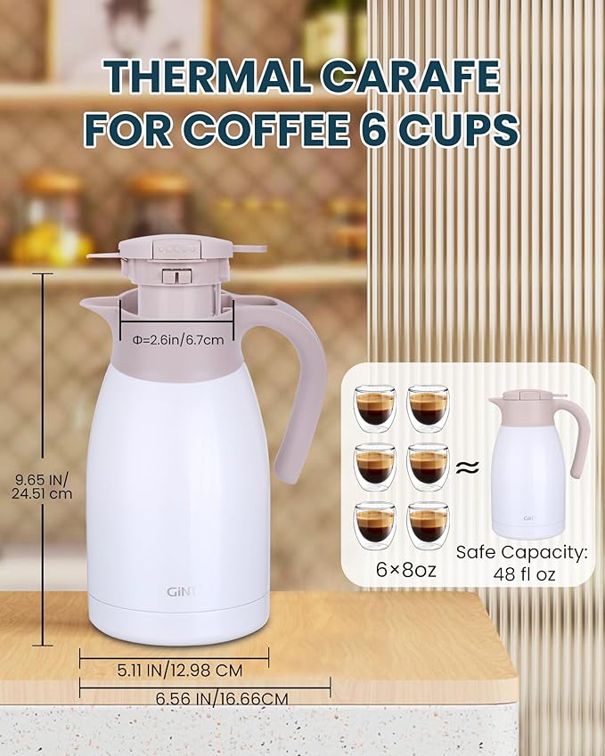 GiNT 50.7 Ounces Stainless Steel Thermal Coffee Carafe with Lid/Double Walled Vacuum Thermal Carafe / 12 Hour Heat Retention (White, 1.5L)