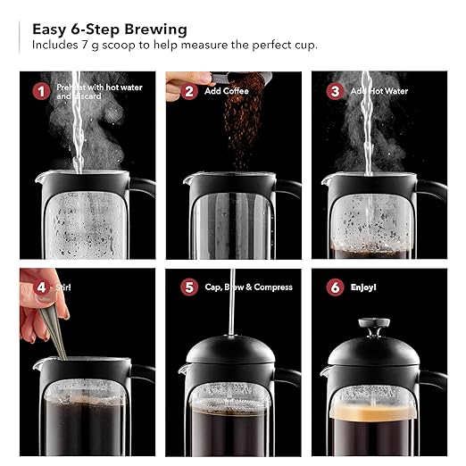 OVENTE French Press Coffee Maker 20 Ounce with Heat Resistant Borosilicate Glass & Stainless Steel 4-Level Filtration System, Portable Cold Brew Coffee Maker for Travel, Camping or Gift, Black FPB20B