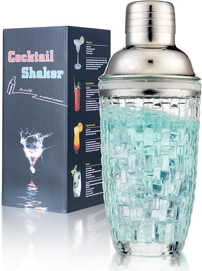 Cocktail Shaker Set - Martini Shaker, Drink Shakers Cocktail, Glass Shaker Bottle for Cocktails, Bars, Whiskey (Sliver)