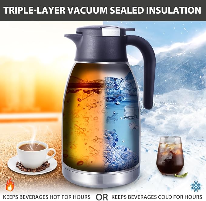 Heritage66 2L Thermal Coffee Carafe with Cleaning Brush – Triple-Wall Vacuum Insulated Stainless Steel Dispenser, 12h Hot / 24h Cold, Wide-Mouth Coffee & Tea Server