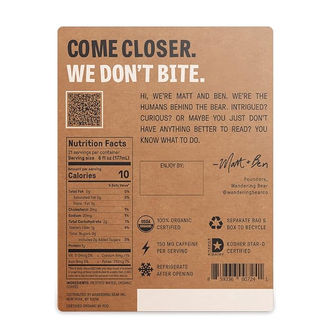 Wandering Bear Straight Black Organic Cold Brew Coffee On Tap, Iced Coffee Drink - Extra Strong, Bold, Smooth, No Sugar Added, Shelf-Stable, Ready to Drink, 100% Organic - 128 fl oz (1 gallon)