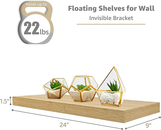 Sorbus Floating Shelves for Wall - 24" Bathroom Shelves, Wall Decor for Bedroom, Kitchen, Living Room, Home Decor & Book Storage - Mounted Floating Shelf with Invisible Brackets (Maple Wood, 4 Pack)