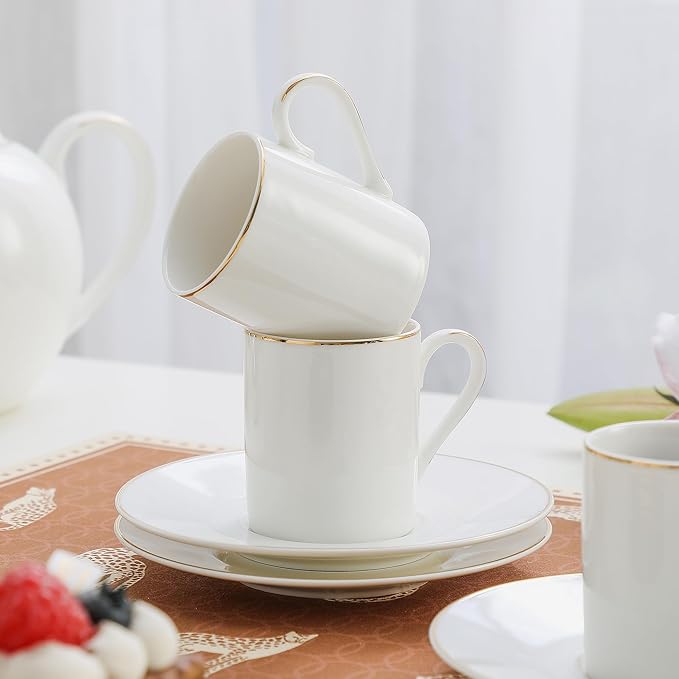 White Porcelain 8-Piece Espresso Cup Set - 3.3oz Demitasse Cups and Saucers Set, Elegant design with gold trim, Perfect for Espresso, Turkish Coffee, and Dessert Drinks, Gifts