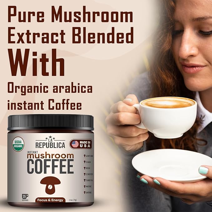La Republica Instant Mushroom Coffee Organic 2-Pack (70 Servings), 100% Arabica with Lion's Mane, Reishi, Chaga, Cordyceps, Shiitake, Maitake, Turkey Tail