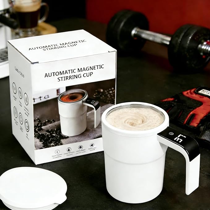 Electric Coffee Mug with a Built-in LCD Thermometer, Perfect for Protein Powder, Brewing Coffee, Milk, Cocoa, Etc, Self Stirring Coffee Mug (White)
