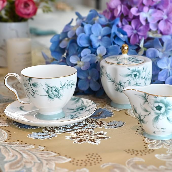 ACMLIFE Bone China Tea Sets for Adults, Blue and White Tea Gift Set, 21 Piece Porcelain, Cup and Saucer Set for 6 Vintage Floral Party for Women or Christmas Gifts Giving (Blue-Leaf-21)
