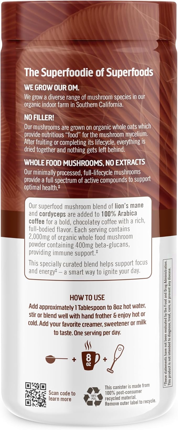OM MUSHROOM SUPERFOOD Instant Coffee – Organic Arabica with Lion’s Mane, Cordyceps, Reishi, Turkey Tail & Ginkgo for Energy, Focus & Clarity – 6.24 oz Canister, 30 Servings