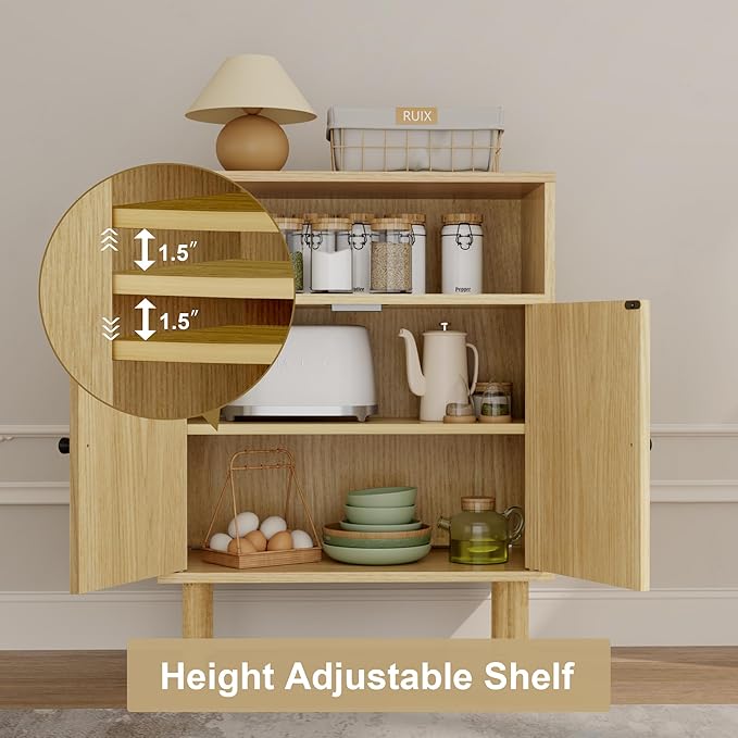 Rattan Small Coffee Bar Cabinet, Kitchen Storage Sideboad,Bathroom Corner Floor Shallow Cabinet with Adjustable Shelves & 2 Doors 11.6'' x 23.2'' x 32'' (Oak)