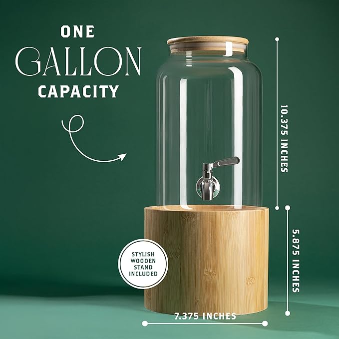 Kitchentoolz 1 Gallon Glass Drink Dispenser for Parties on Bamboo Stand - Premium Borosilicate Beverage Jar with Stainless Steel Spigot - Lemonade, Water, Sun Tea, Kombucha for Spa