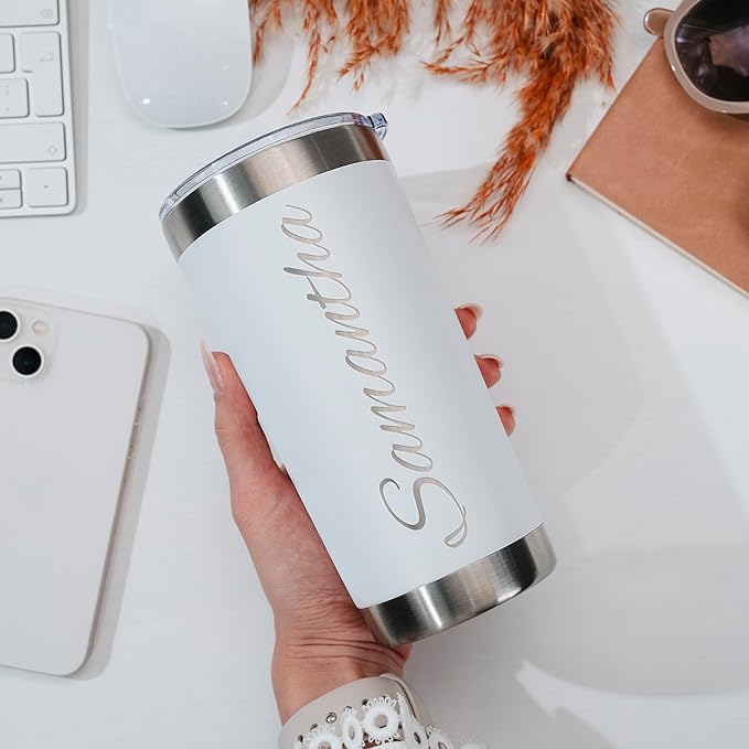 Be Burgundy Personalized Tumbler with Engraved Name - 12 Designs, 30 Oz Coffee Tumbler with Slider Lid, White, Double Wall Insulated - Gifts for Mom, Dad, Personalized Gift for Him, Her
