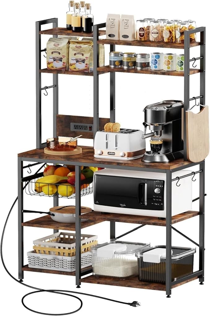 Luckyeestar Kitchen Bakers Rack with Power Outlet, 35.4" 6-Tier Microwave Stand, Coffee Bar with 12 S-Shaped Hooks, Adjustable Feet Pads&150lbs CapacityKitchen Shelf with Wire Basket, Rustic Brown