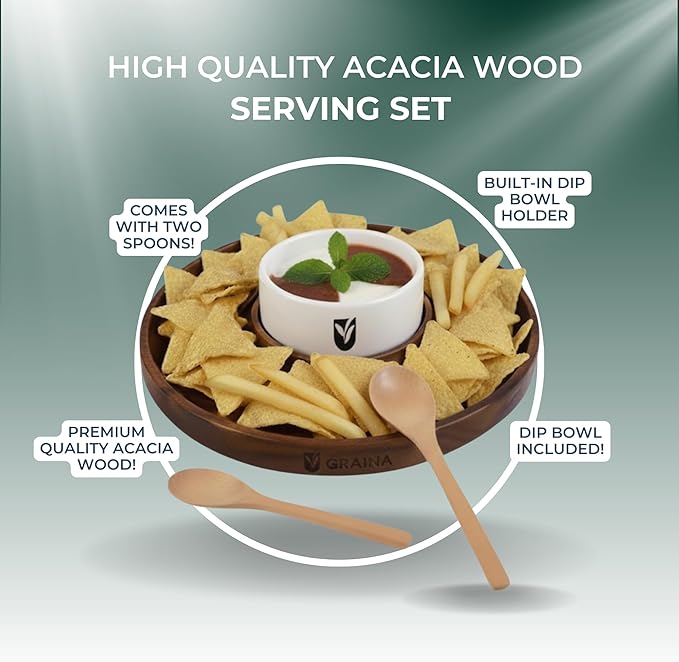 Graina Premium Wooden Chip and Dip Serving Tray Set – Dark Walnut Large Serving Tray with Ceramic Dip Bowl & 2 Wooden Spoons – Chip and Dip Bowl Set for Chips, Snack & Entertaining | Appetizer Platter