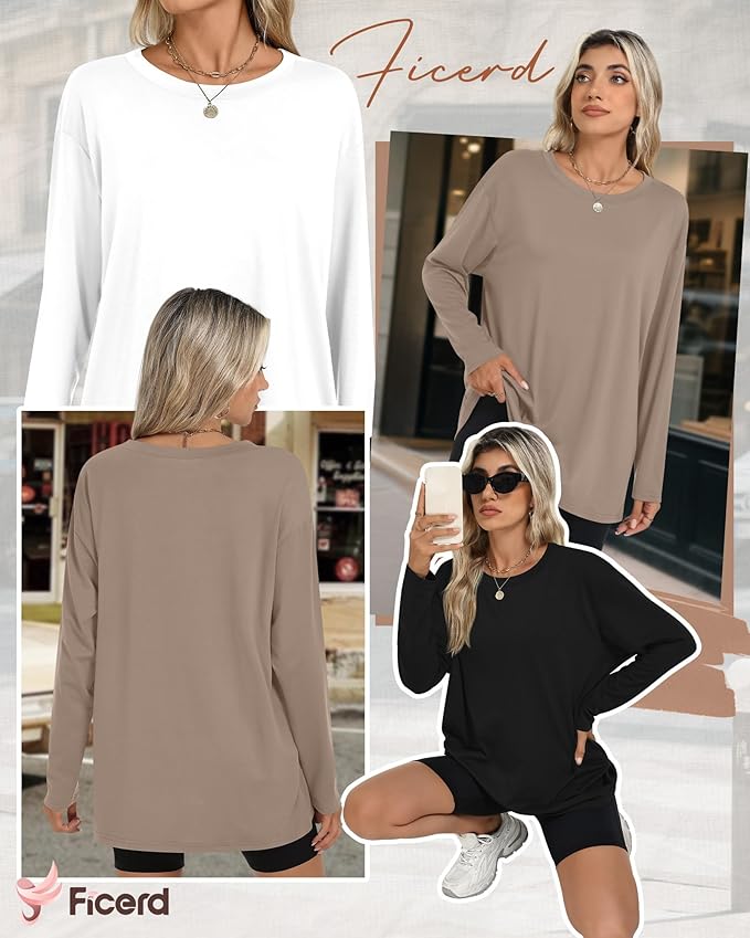 Ficerd 3 Pack Women's Oversized Long Sleeve Shirts Cotton Gym Round Neck Tops Loose Fit Casual Workout Baggy Fall Basic Tee