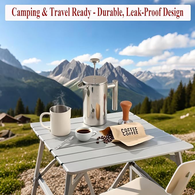 French Press Coffee Maker, 12 Oz Stainless Steel, Triple Mesh Filter, Double Wall Insulated, for Coffee & Tea, Portable for Home, Office, Camping & Travel