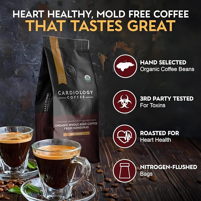 Cardiology Coffee – Whole Bean Coffee – USDA Certified Organic, Mold Free 12oz Premium Light Roast Organic Coffee Beans with Antioxidant Benefits – Perfect for Heart Healthy Lifestyle