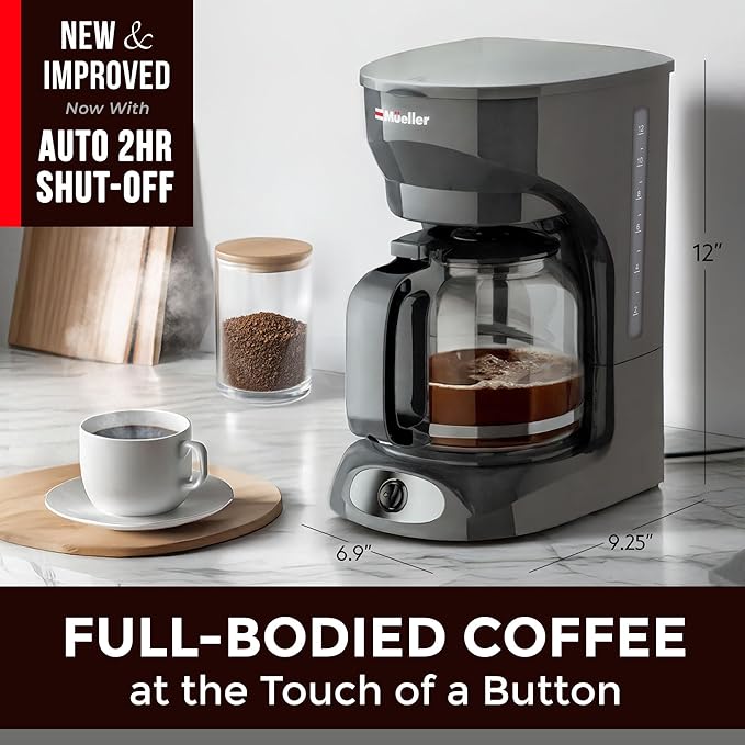 MUELLER HOME 12-Cup Drip Coffee Maker Perfect for Home or Office, Borosilicate Carafe, Auto-Off, Reusable Filter, Anti-Drip, Keep-Warm Function, Clear Water Level Window, Gray