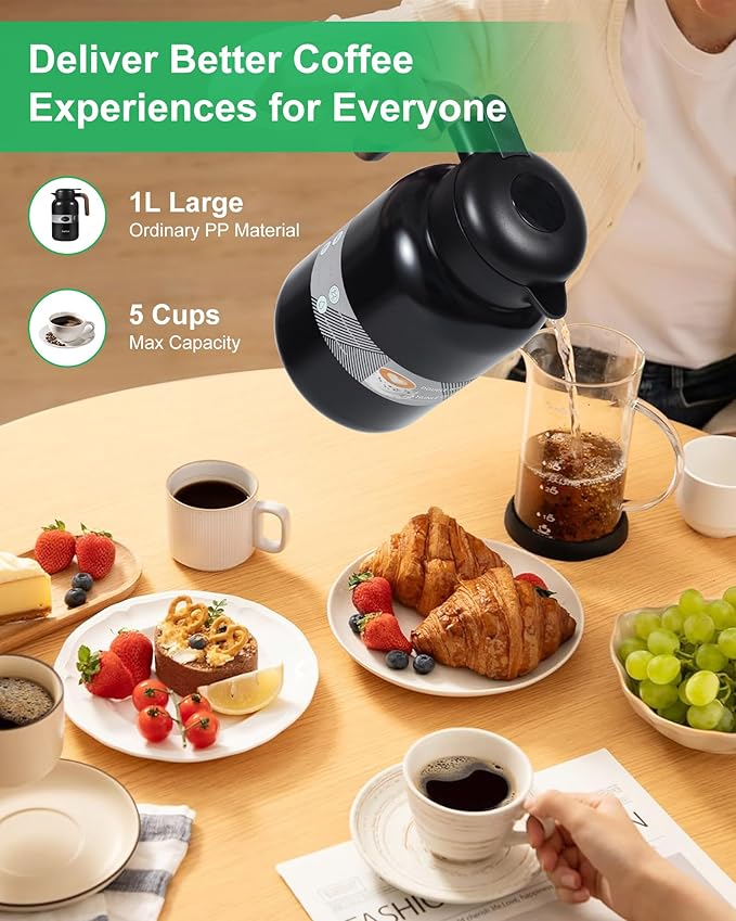 45 Oz Thermal Coffee Carafe, Stainless Steel Insulated Vacuum Coffee Carafes For Keeping Hot, 1.3 Liter Beverage Dispenser (Black/Black)