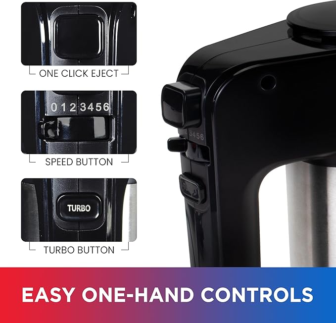 Total Chef Electric Hand Mixer – 6 Speed Handheld Blender, Electric Egg Beater with Whisk, Beater, Dough Hooks, Storage Case, Turbo Boost for Cake Mix, Batidora de Mano Eléctrica