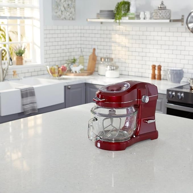 Kenmore 500W Oviation Stand Mixer - 10 Speed Mixing, Tilt-Head, 5QT Handheld Glass Bowl With Pouring Top Splash Guard, Flat Beater, Whisk, Dough Hook Attachments Countertop Kitchen Appliance, Red