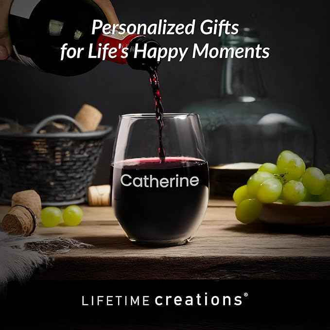 Lifetime Creations Personalized Stemless Wine Glass with Engraved Name - Bachelorette Party Favors, Bridesmaid Proposal Gift Glasses for Her, Made in USA (Holds 21 oz)