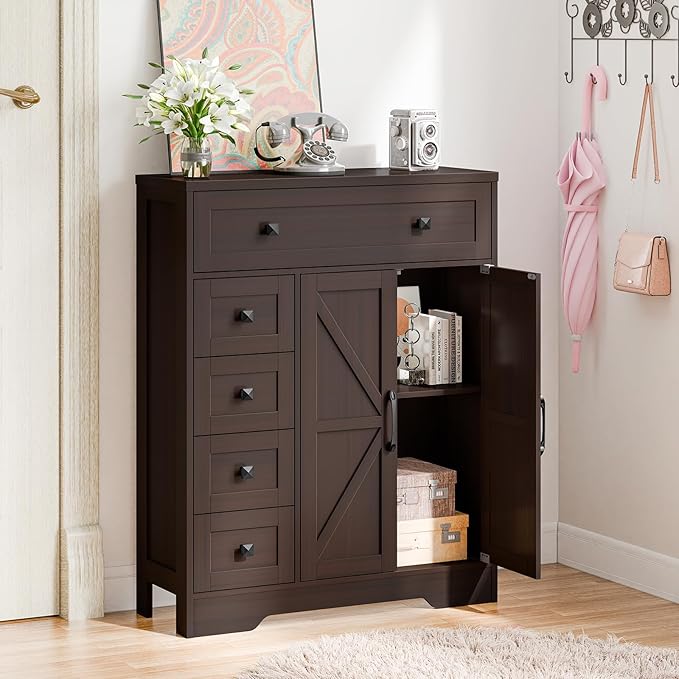 Vabches Farmhouse Storage Cabinet with 2 Doors and 5 Drawers, Freestanding Bathroom Cabinets Kitchen Pantry, Floor Storage Cabinet Hutch Cupboard for Living Room/Bathroom/Kitchen.Espresso