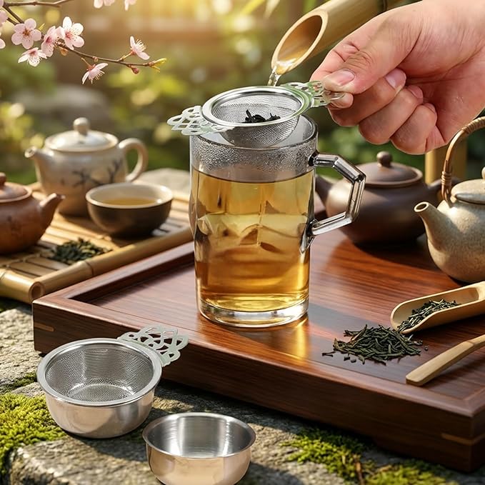 8 Pcs Mesh Tea Filter Strainers, 304 Stainless Steel Loose Tea Infuser Strainer with Petal Handles and Drip Bowl for Juice Coffee Filter, Sliver, 2.5 Inch