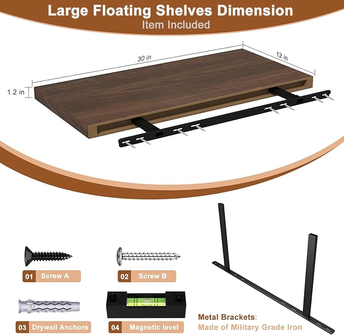 12 Inch Deep Floating Shelves for Wall 2 Pack Floating Shelfs Large Storage Space Wall Decor Display Shelf for Bathroom Living Room Bedroom Kitchen 30" W x 12" D x 1.2" H Walnut