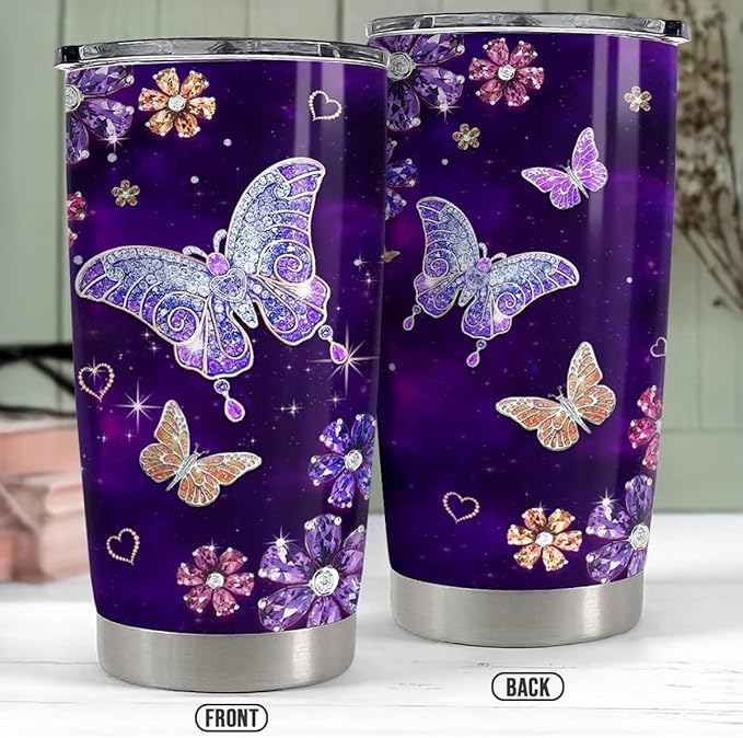 SANDJEST Purple Butterfly Tumbler Jewelry Style Butterfly Lover 20oz Tumblers with Lid Gift for Women Girl Daughter Sister Mom Christmas Birthday Present