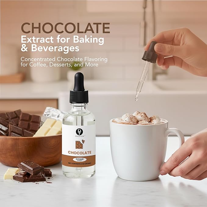 Dolce Flav Natural Chocolate Extract – 2 Ounce Water-Soluble Kosher, Sugar-Free, Concentrated Chocolate Flavor for Baking, Coffee, Ice Cream, Smoothies & Desserts, Includes Measured Dropper