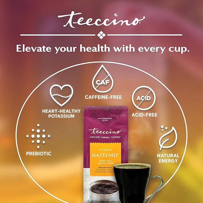 Teeccino Hazelnut Chicory Coffee Alternative - Ground Herbal Coffee That’s Prebiotic, Caffeine Free & Acid Free, Medium Roast, 11 Ounce (Pack of 6)