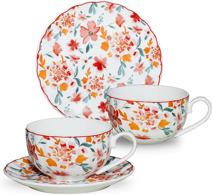 Cups and Saucers Coffee Tea Cups Set of 2 (7.4 oz/ 220ml) Ceramic Cup Espresso Mug Floral Porcelain Vintage Flower Pattern for Gifts, Gatherings, Receptions,Breakfast, Home