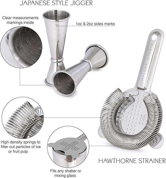 Premium 4-Piece Boston Cocktail Shaker Set w/Hawthorne Strainer & Japanese Jigger, Stainless Steel 304- Weighted Cocktail Set - Boston Shaker Set - Bartender Shaker - Shaker for Cocktails