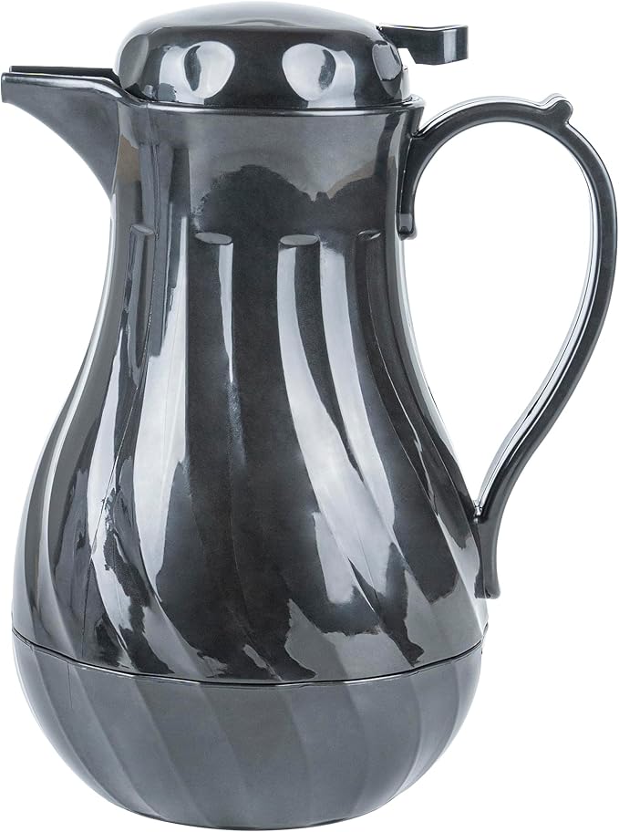 Restaurantware-Restpresso 64 Ounce Coffee Carafe, 1 Insulated Coffee Server - Push-Button Top, Swirl Design, Black Plastic Pitcher, Built-In Handle, With Identification Tags